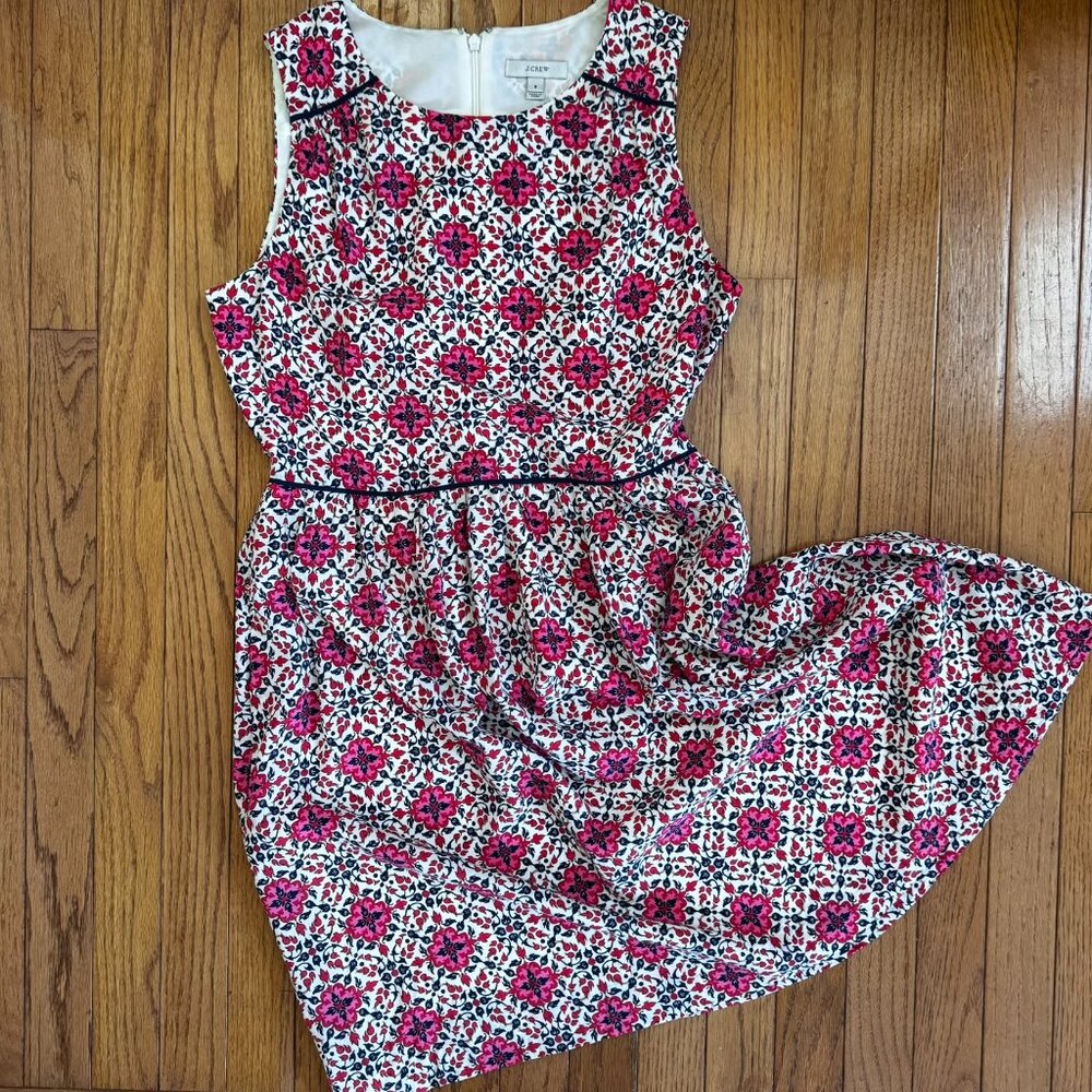 J. Crew Silk Dress Size 8 Pink Navy Medallion Sheath Fully Lined